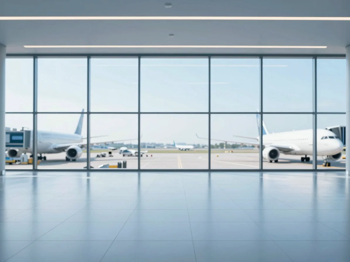 Modern airport terminal interior with blurred planes outside, bri