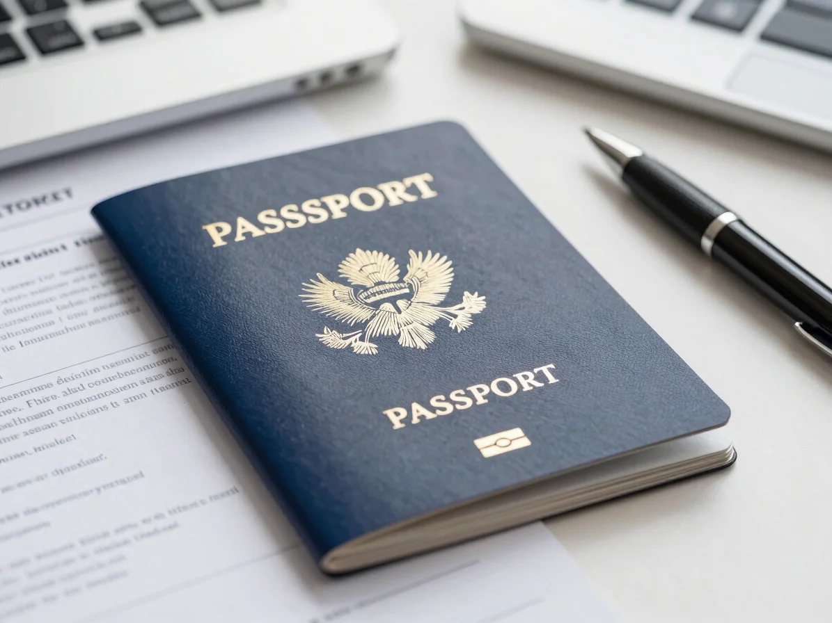 Close-up of a passport with a visa stamp, a pen, and official doc