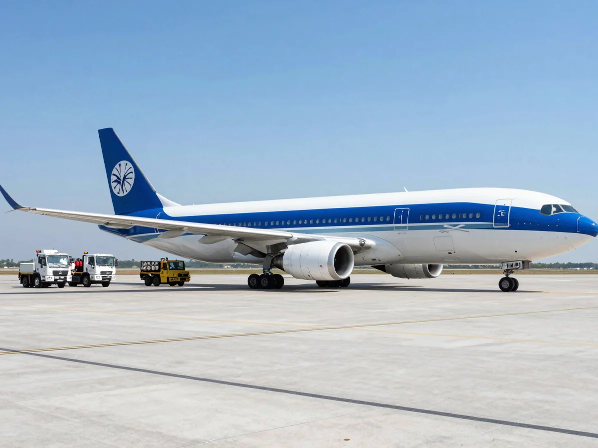 Vue panoramique d'un avion cargo en phase de chargement sur un tarmac moderne, lumière studio vive et nette, tons bleus