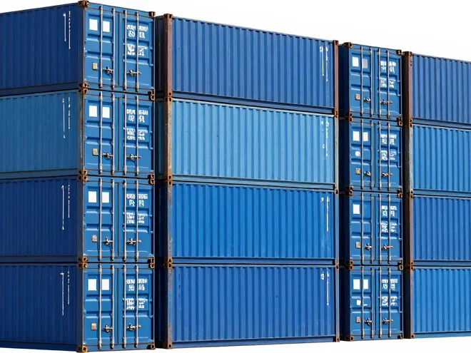 Conteneurs empilés sur un quai de port commercial, un cargo en arrière-plan, lumière studio vive et nette, tons bleus ra
