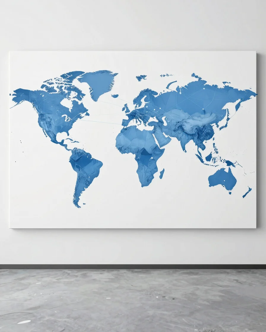 Clean modern studio photography of a global logistics network, with faint blue lines connecting continents, professional